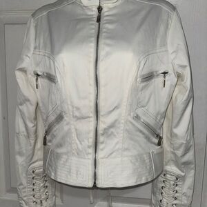 Nikibiki Vintage White Motorcycle Jacket with Zipper Accents and 4 Pockets